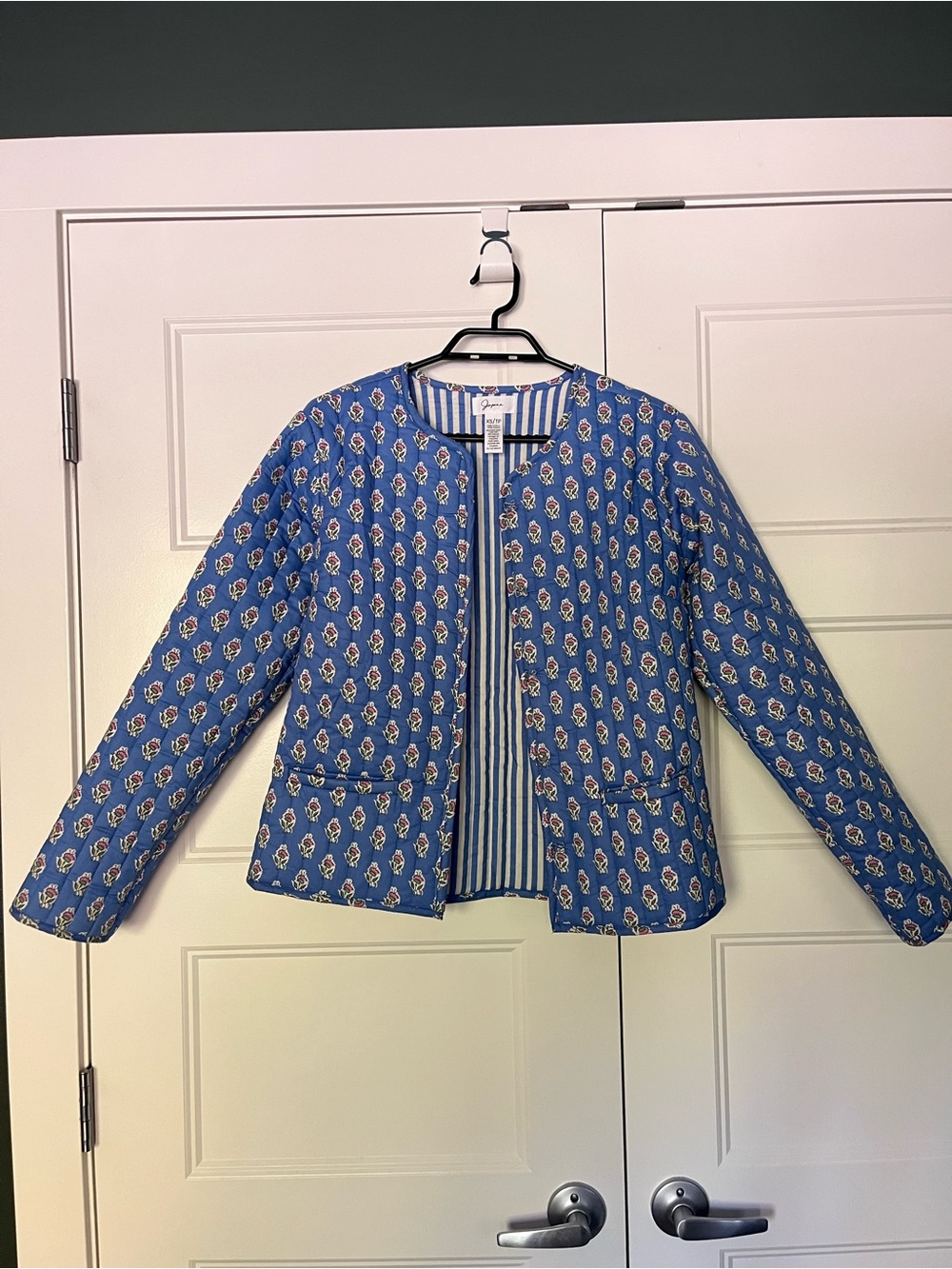 Printed Quilted Blue Collarless Blazer